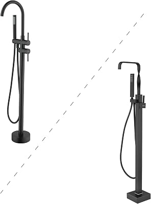 360 Degree Swivel Roman Tub Filler Solid Brass Handheld Shower Sprayer ARC Rotation Bathroom Tub Filler 2 Lever Mixer Tap Floor Mount Matte Black