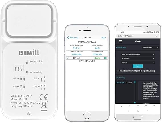 Ecowitt WH55 Wireless Water Leak Detection Sensor with Loud Audio Alarm