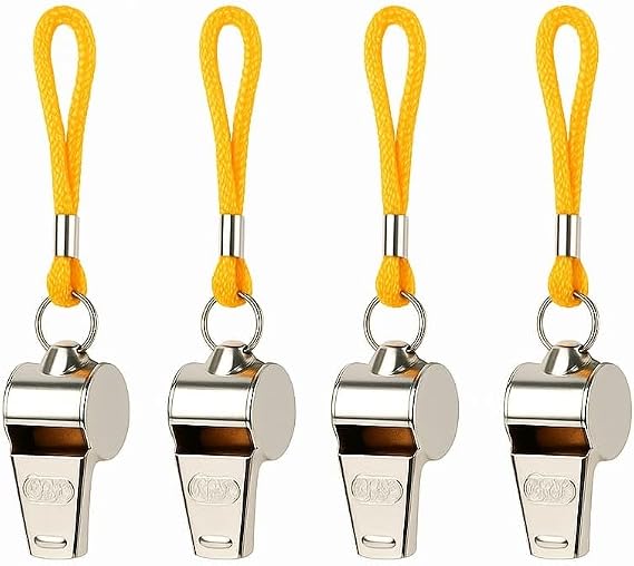 4'lü Paslanmaz Metal Deprem Düdüğü Sarı Ipli Acil Durum Hakem Ve Can Kurtaran Düdüğü 4 Adet