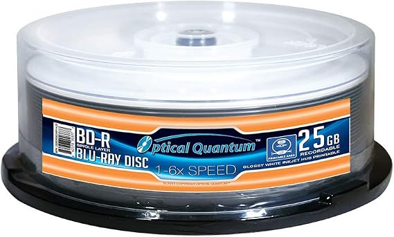 BD-R 25GB 6X Glossy White Inkjet Blu-ray Discs, 25-Pack