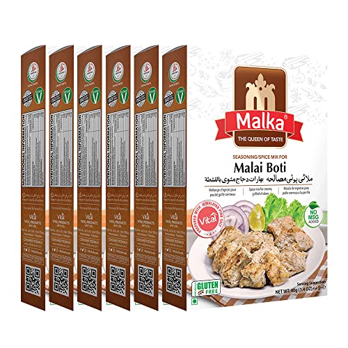 Malka Malai Boti Recipe Mix 40g 1.40 oz - Authentic Gourmet Spice Powder for Creamy Grilled Chicken - No MSG Added, Vegan, Non-GMO, Gluten Free & Halal - Pack of 6