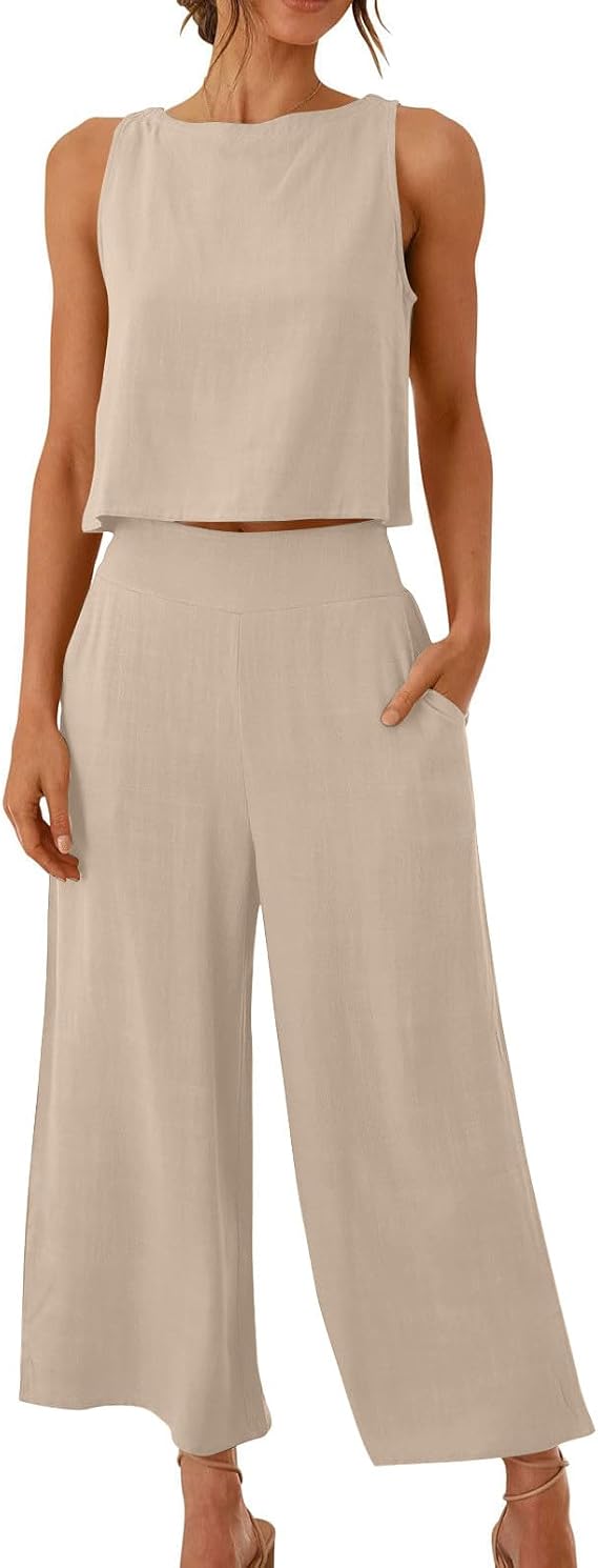 Lounge Sets for Women Two-Piece Linen Jumpsuit Sleeveless Crop Top with Wide Leg Pants Set Loungewear Summer Outfits