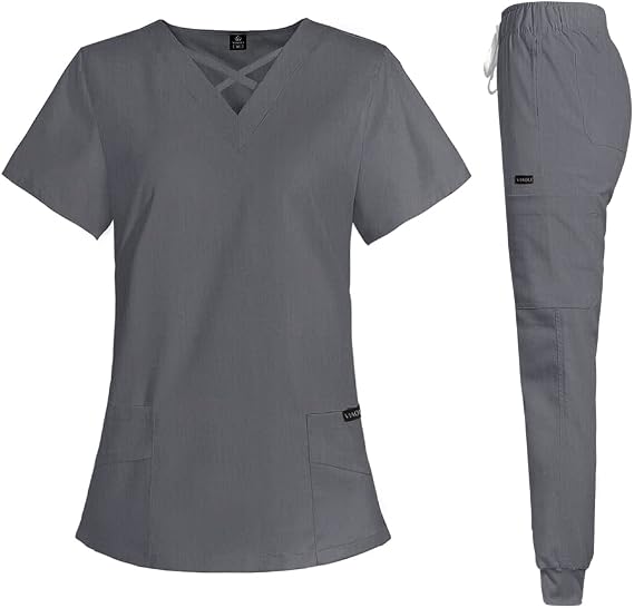 VIAOLI Scrub Set Uniform Nurse Workwear Nursing Top and Jogger Pant Women Men Solid Color Clearance Working Suit (Grey,L,Large)
