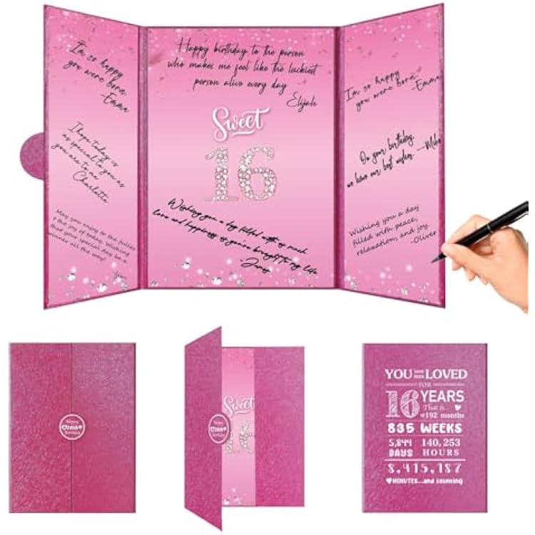 Crenics Sweet 16 Birthday Decorations, Creative Hot Pink 16th Birthday Guest Book Alternative, Large 16th Birthday Signature Book 12 x 18, Great 16 Years Old Birthday Gifts for Girls