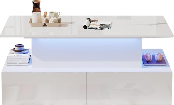 LED Lift Top Coffee Table with Storage Drawers and Hidden Compartment,Smart Bluetooth APP RGB Light Control,Glossy Surface with Hydraulic Lift Stand,Sliding Rails,Multifunctional Tabletop (White)