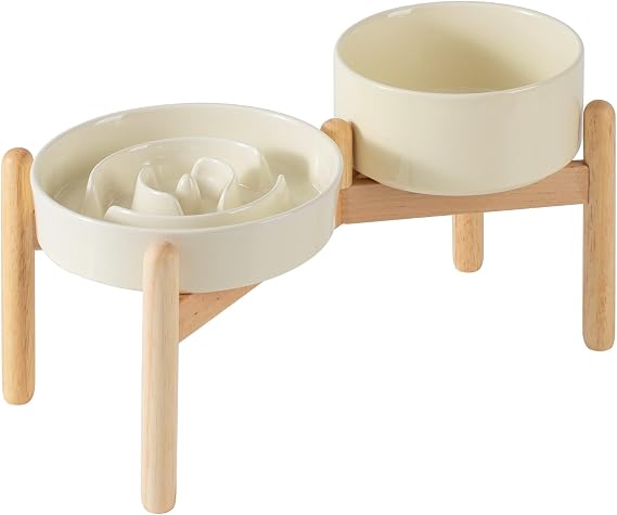 Havniva Elevated Slow Feeder Dog Bowls, Ceramic Dog Bowl Slow Feeder Set | 1.2 Cups Raised Slow Feeder Dog Bowl for Small Breed, 6.1 Dog Water Bowl with Wooden Stand, Puzzle Dog Food Bowl, Non-slip