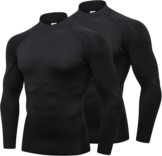 2 Pack Compression Tops Men Long Sleeve Mock Turtleneck Shirts | 4-Way Stretch,Quick Dry Fabric,Muscle Support,Breathable Base Layer Tops for Workout Athletic Training Cycling Gym