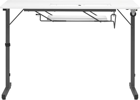 Folding Sewing Machine Table with White Top and Black Legs | Sewing Table with Adjustable Platform, Folding Legs for Easy Storage & Transport Wheels, Quilting/Craft/Gaming/Computer Desk