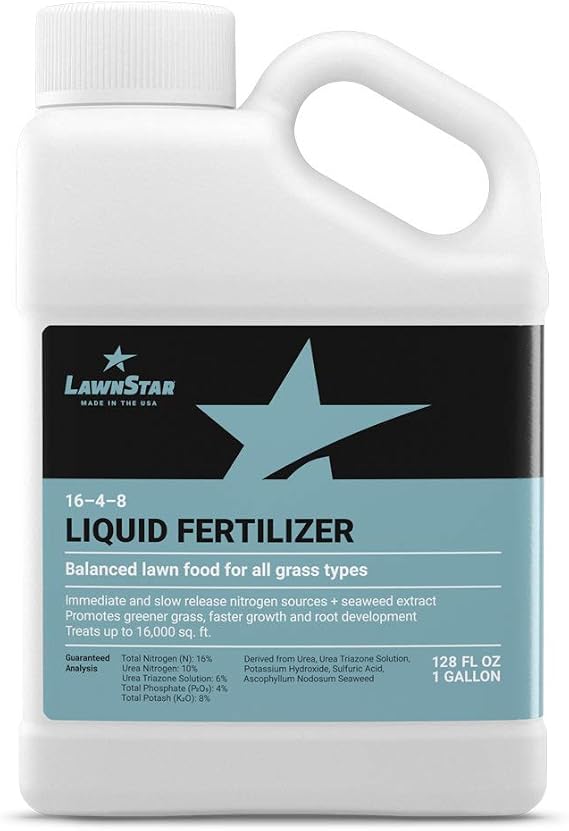 Balanced 16-4-8 Nutrient Liquid Fertilizer (1 Gallon) - Premium Lawn Food, NPK with Added Seaweed Extract, Treats Common Deficiencies, Safe for All Grass Types | LawnStar Liquid Fertilizer, Seaweed Extract & Macronutrients for Faster and Greener Growth, Covers up to 16,000 sq ft