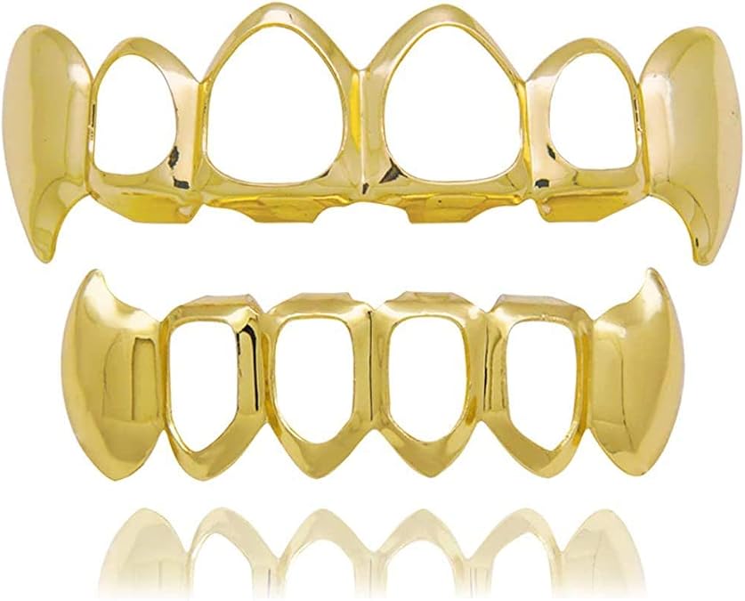 18k Gold Teeth Grillz Open Face Outline 6 Teeth Vampire Fangs Grillz + Extra 2 Molding Bars