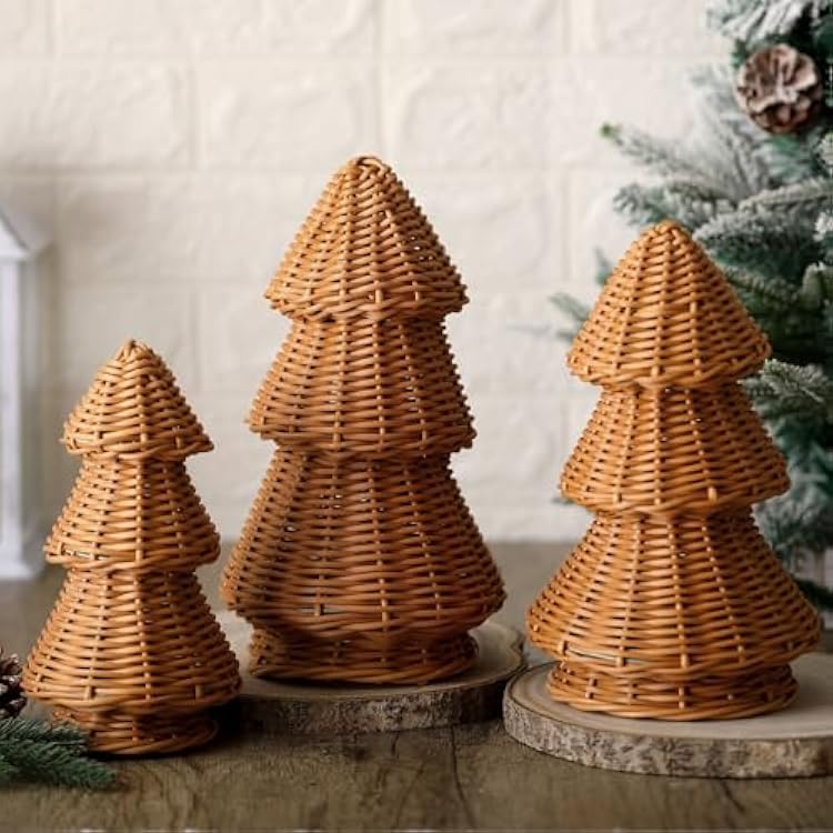 3 Pcs Morden Christmas Decor Gift Rattan Wicker Christmas Cone Tree Neutral Xmas Tabletop Centerpiece for Mantel Fireplace Home Tiered Tray Holiday Party Decor, 3 SizesBurlywood