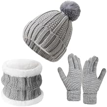 Womens Winter Beanie Hat Scarf Gloves 3 in 1 Set Fleece Lined Beanie Pompom Hat Gloves Scarf for Cold Weather