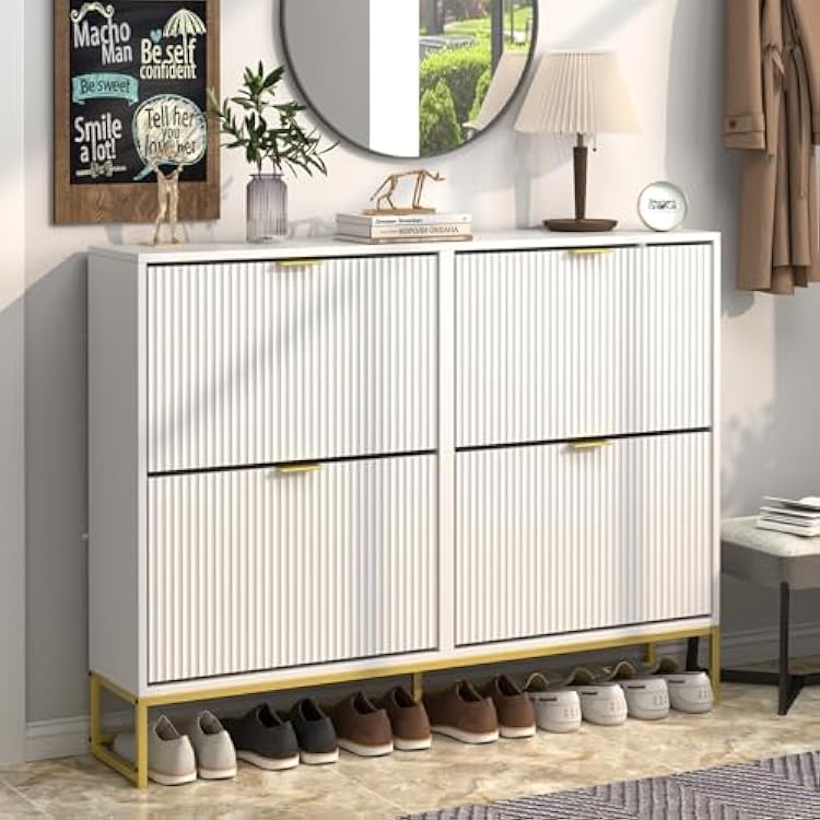 Shoe Cabinet Storage for Entryway Slim Modern Shoe Rack Cabinet with 4 Flip Drawers Tipping Wooden Narrow Shoe Cabinet Freestanding Fluted Shoe Organizer for Living Room, White