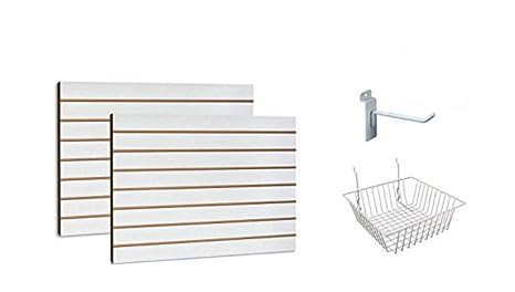 White Slatwall Panels Organizer Kit - Includes (2) - 24" x 48" White Slatwall Panels plus (15) - 6" White Slatwall Hooks and (4) 12" x 12" x 4" White Baskets