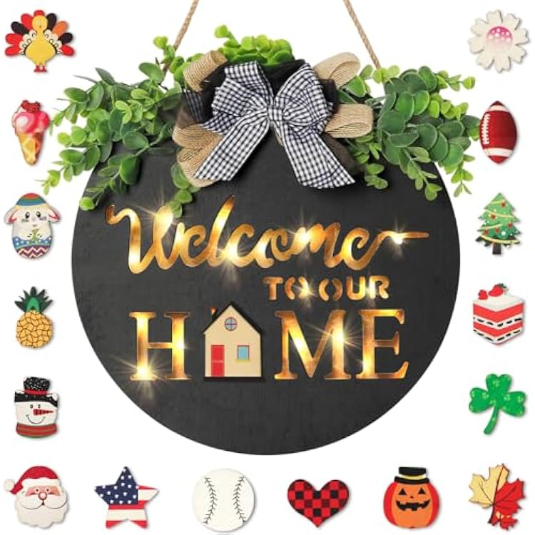 MIPON Welcome Sign for Front Door, Wall, or Porch Decor - Interchangeable Seasonal 17 Changeable Icons for All Seasons & Holidays Spring, Summer, Fall, Winter, Easter, Christmas - Black