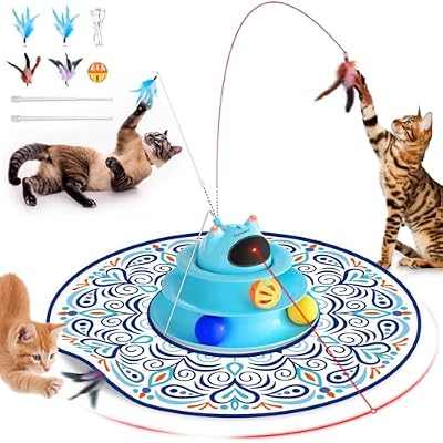 Interactive Cat Toy: 5 in 1 Automatic Cat Toy for Indoor Cats, USB Rechargeable Hide and Seek Toy with PVC Cover, Rotating Feather toys, Battery Operated Kitten Toy with Feather Accessories Blue