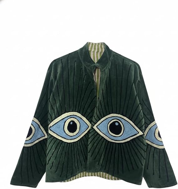 Velvet Jacket with Evil Eye Applique Design, Open Front, Striped Lining, Statement Sleeves