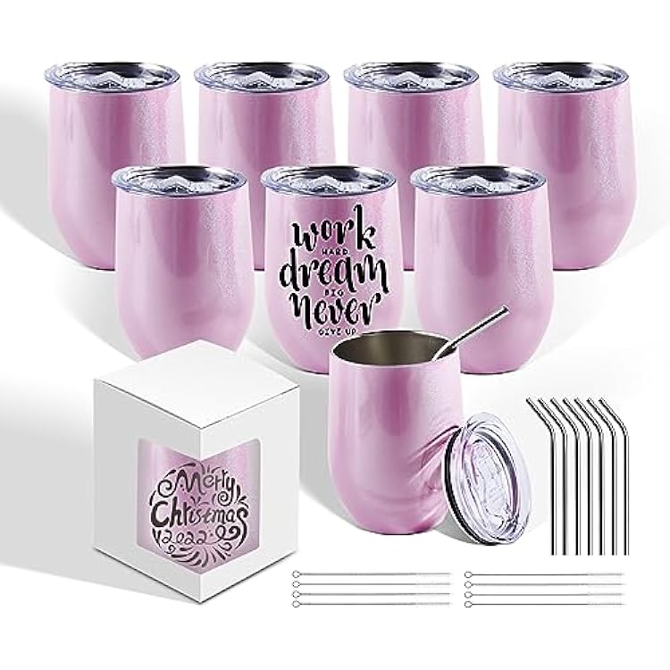 BetterSub 8 Pack 12oz Glitter Pink Wine Tumblers - Double Wall Insulated Sublimation Blanks, Stainless Steel Cups With Lid, Metal Straw, Brush, Display Box Glitter Pink