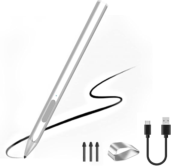 Stylus for Microsoft Surface Pro9/8/7/6/5/4/3/X Surface Laptop/Book/Studio Surface 3/Go/Go2/Go3, 4096 Pressure Sensitivity, Magnetic Attachment, USB Charging, Palm Rejection Function, Silver