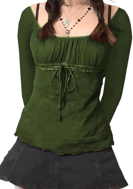 EMMIOL Y2K Mesh Top Women Babydoll Long Sleeve Stretchy Scoop Neck Shirt