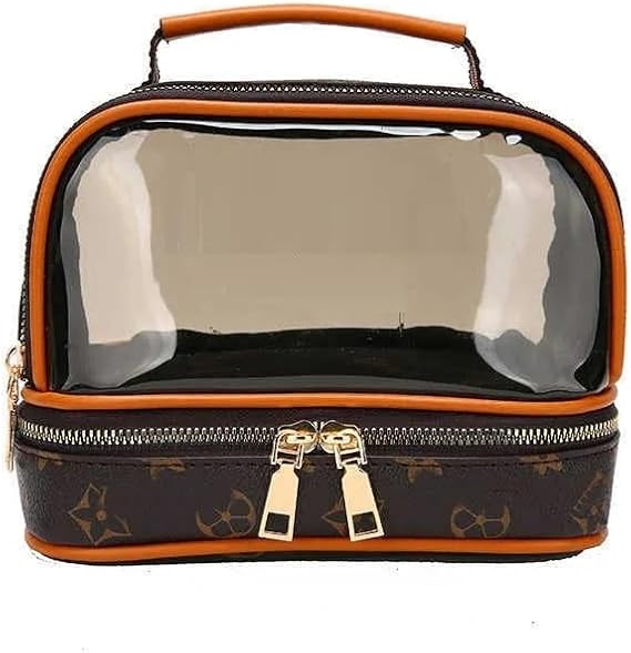 Cosmetic Makeup Bag Zipper PU Leather Large Clear Makeup Bag Double Layer Travel Makeup Bag Case with Makeup Brush Bag Travel Essentials Organizer Toiletry Bag for Women Girls, Braun, M