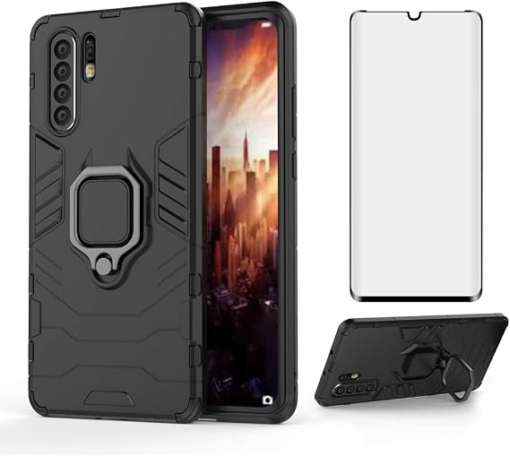 Phone Case for Huawei P30 Pro with Tempered Glass Screen Protector Cover and Magnetic Ring Holder Stand Kickstand Slim Hard Cell Accessories Huwai Hawaii Hwauei Haweii P 30 30pro Men Women Cases Black