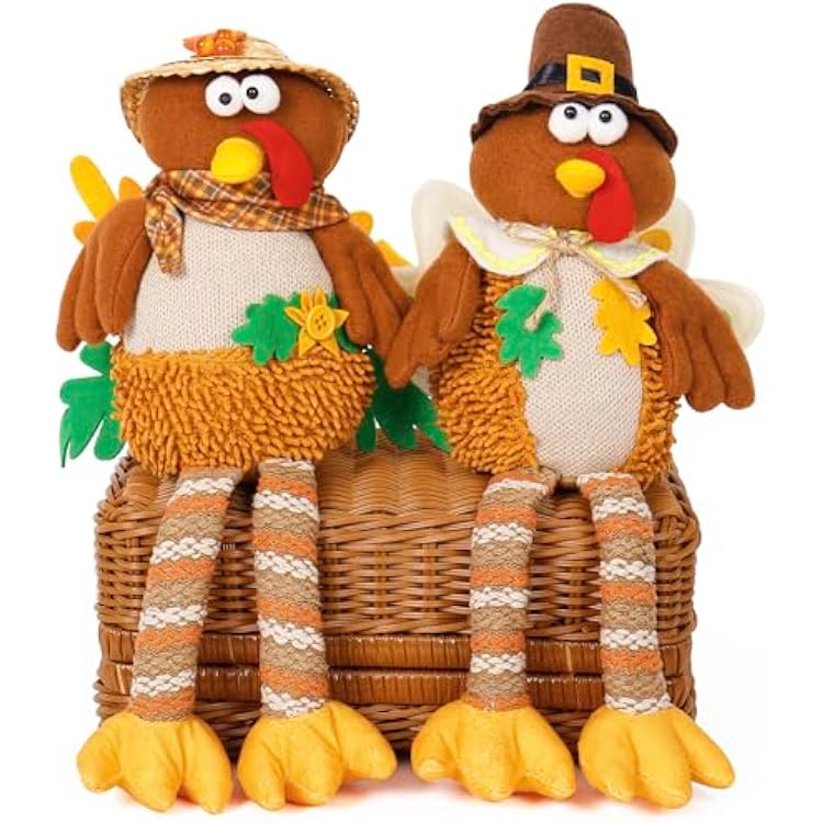 OurHonor 2 Pack Turkey Stuffed Animal, Thanksgiving Table Decor Turkeys Plush Fall Couple Doll Indoor Gift for Thanksgiving Day Party Boys and Girls