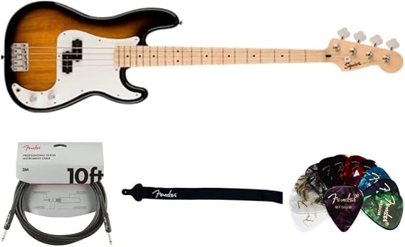 Squier Squier Sonic Precision Bass, 2-Color Sunburst, Maple Fingerboard Bundle with Fender Classic Guitar Picks 12-Pack, 10ft Series Instrument Cable Black, Logo Guitar Strap 2in Black with White