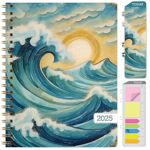 HARDCOVER 2025 Planner, 8.5x11: 14 Months November 2024 - December 2025, Daily Weekly Monthly Planner, Yearly Agenda, Bookmark, Pocket Folder and Sticky Note Set Ocean Waves