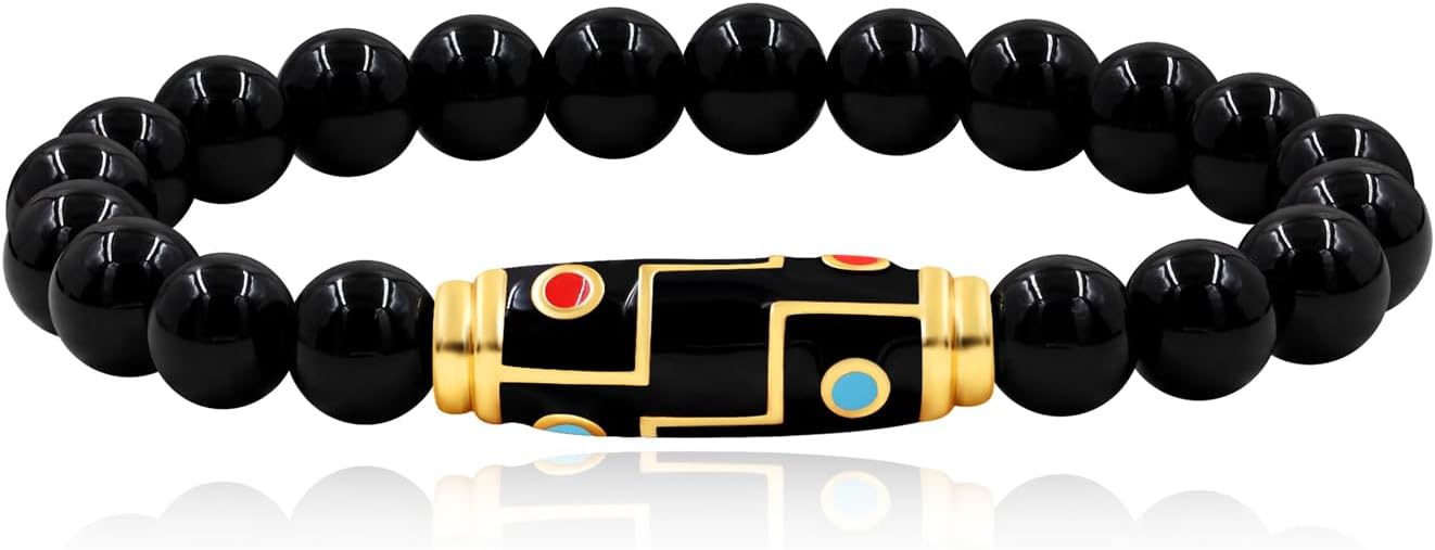 Noiger | Nine Eyes Dzi Bracelet | friendship beaded bangle | cultural strand for men women | dzi bead accessory | traditional woven jewelry | velvet pouch plastic box YA5407