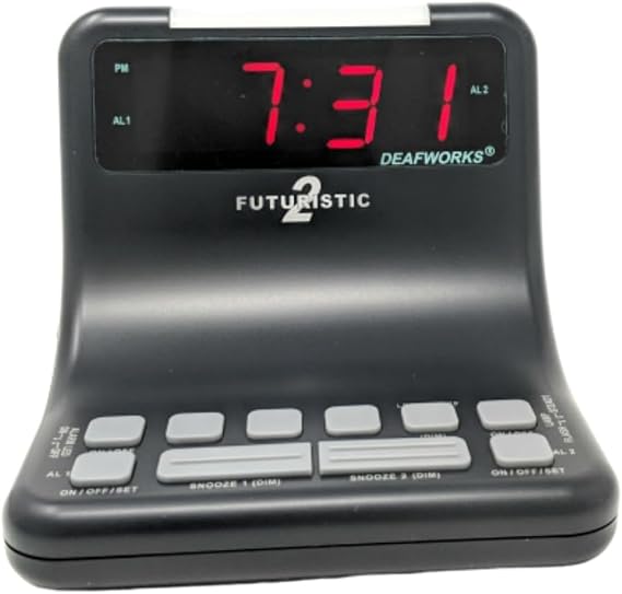 Futuristic 2 Silent Alarm Clock with Bright Flashing LED Lights for Deaf, Hard of Hearing, Heavy Sleepers | Dual Alarms, Built-in USB Chargers | Wake Up Gently