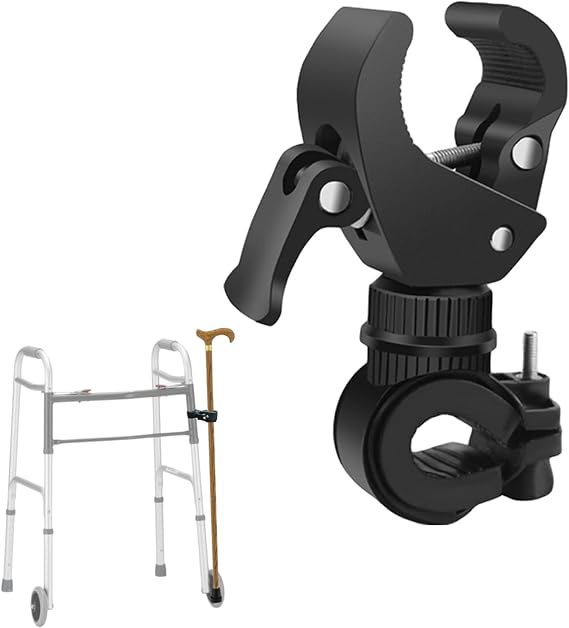 Cane Holder Clip for Walker Drive Rollator, Wheelchair, 360 Rotating Crutch Walking Stick Bracket Accessories for Seniors, 1.3" MAX ID (1PC)