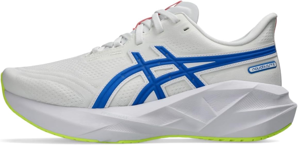 ASICS Women's Novablast 5 Sneaker, White/Tuna Blue , 11.5