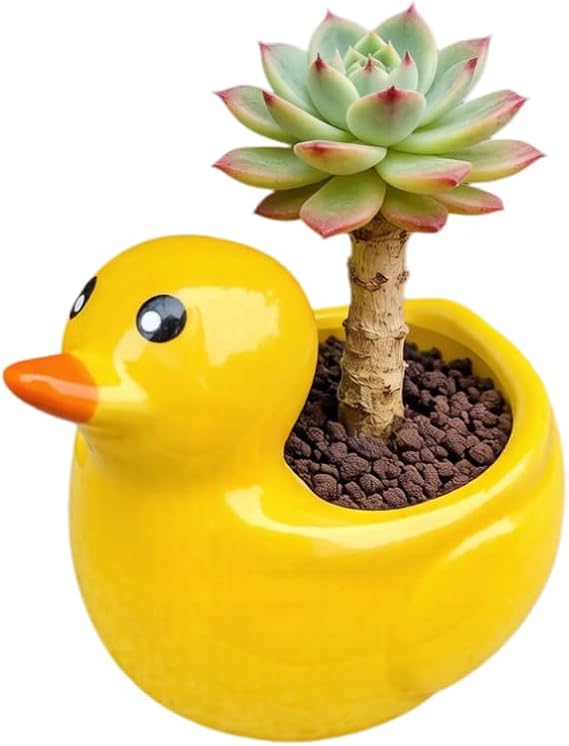 Mini Duck Ceramic Planter, Small Animal Succulent Pot, Cute Flower Container with Drainage Hole for Home Office Desk Decor,4.5" Yellow
