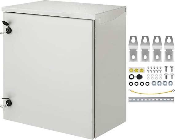 VEVOR Electrical Enclosure, 24'' x 24'' x 12'', NEMA 4 Outdoor Enclosure, IP65 Waterproof & Dustproof Cold-Rolled Carbon Steel Hinged Junction Box for Outdoor Indoor Use, with Rain Hood