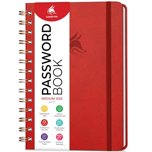 Clever Fox Password Book Spiral Internet Address & Password Organizer with Laminated Alphabetical Tabs Password Keeper Journal Hardcover, Medium Size, 6.1x7.7 Red
