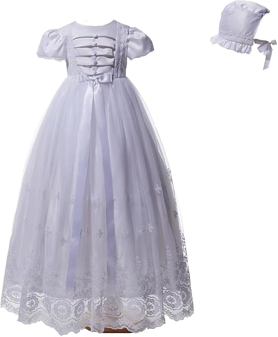 Baby Girls Delicate Lace Baptism Classic Satin Christening Gown with Hat for NB-12 Months