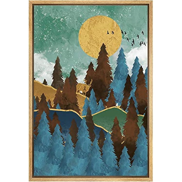 SIGNFORD Framed Canvas Print Wall Art Brown & Blue Pine Trees with Yellow Moon Abstract Wilderness Illustrations Modern Art Contemporary Scenic for Living Room, Bedroom, Office - 16x24 Natural