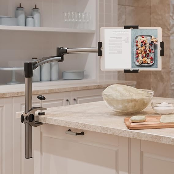 LEVO G2 Clamp-On Tablet Stand, Articulating iPad & Kindle Mount for Desk | 5-axis arm frees workspace, bedside or kitchen counter positioning, hands-free reading, recipes, video calls, work or play