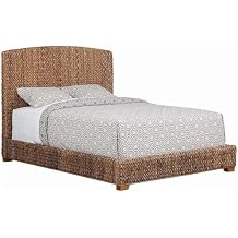 BOWERY HILL Farmhouse Wood Queen Panel Bed, Amber Brown and Honey Finish, Banana Leaf Upholstered Mahogany Frame, Solid Mahogany Legs, Tropical Style Bedroom Furniture, 55 in H x 67 in W x 88.25 in D