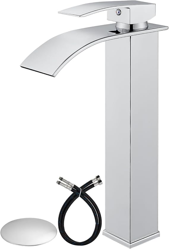 Airuida Tall Vessel Sink Faucet Waterfall Single Hole Bowl Bathroom Faucet, Single Handle One Hole Mixer Tap Vessel Faucet Lavatory Vanity Sink Faucet with Pop-up Drain-Chrome Polish