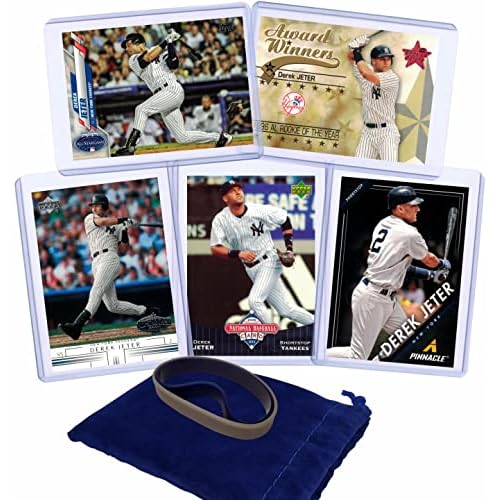 Derek Jeter Baseball Cards 5 ASSORTED New York Yankees Trading Card and Wristbands Gift Bundle