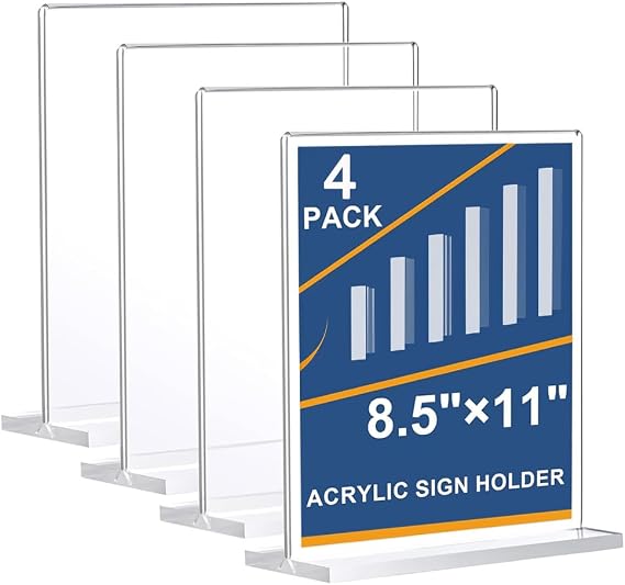 4-Pack A4 Acrylic Sign Holder, Display Stand for Menu, Leaflet & Document, Clear Plastic Flyer Display Frame for Tables, Poster & Brochure Board for Office (Transparent, A4, T-Shaped)