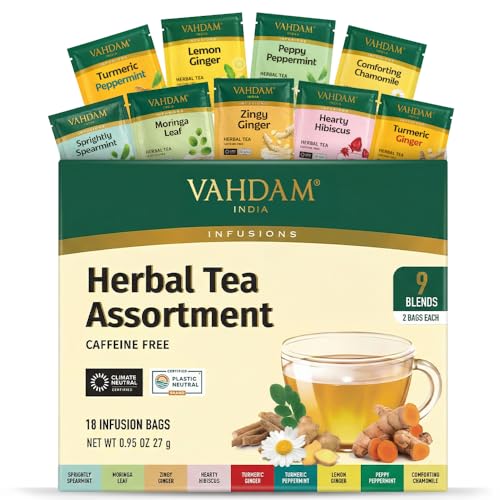 VAHDAM, Assorted Herbal Tea Sampler 18 Tea Bags, 9 Flavors Caffeine-Free, Non-GMO | Double Infusion, Individually Enveloped Tea Bags | Herbal Tea Assortment
