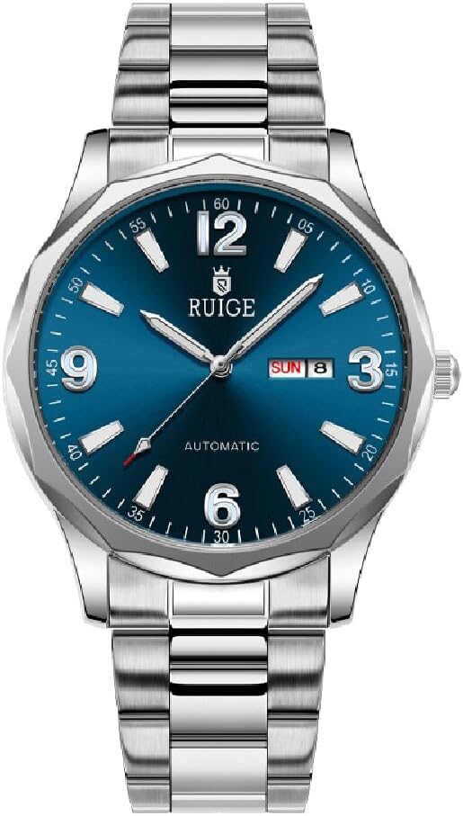 RUIGE Reloj de acero inoxidable con movimiento mecánico totalmente automático para hombre, reloj de domingo con fecha, luz nocturna, impermeable, A7