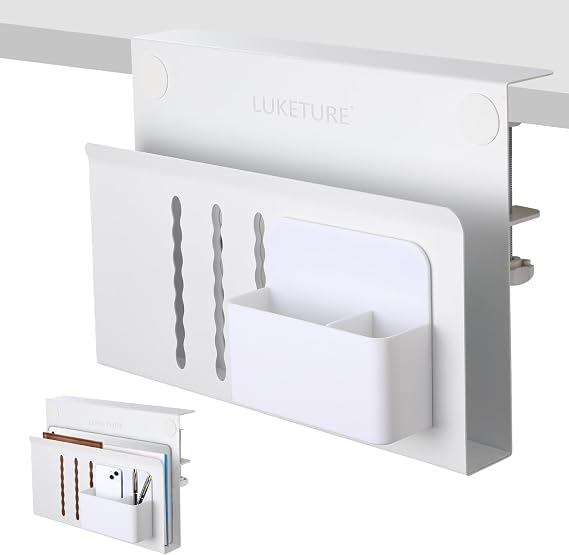 LUKETURE Desk Side Storage, Steel Side Desk Organizer, No Drill Laptop Holder, Clamp on Laptop Mount with Pen Holder, Table Hanging Storage for Home Office, Fits Flat Edge Tables 0.3" to 2.8"