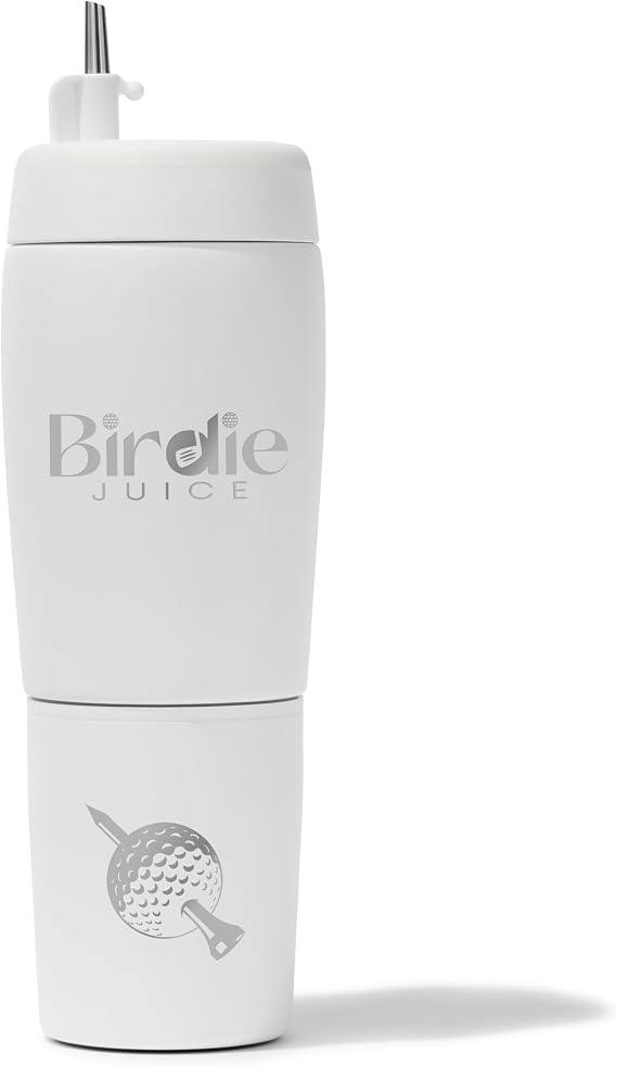 Birdie Juice Golf Flask Set, Insulated Stainless Steel Liquor Dispenser with Flip top Pour Spout, Leak Proof Cap, Removable Base, Hidden Shot Cups & Ball Marker, 20 oz (Glory White)