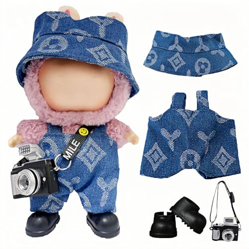 Doll Clothes for Labubu 4-Piece Set, Denim Blue Overalls with Hat, Camera & Shoes Fashion Doll Clothes Accessories for 17cm Labubu Outfits Gift Dolls Not Included