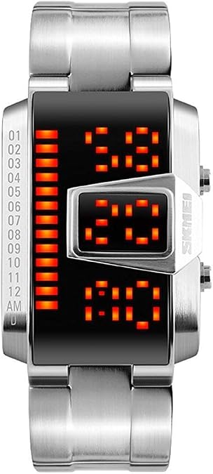 Binary Watch Mens Sports Digital LED Display 50M Waterproof Stainless Steel Electronic Quartz Watches