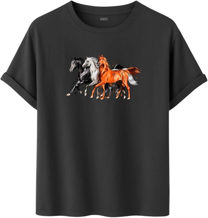 Unisex At Baskılı T-Shirt,%100 Pamuk, Rahat Kesim, Kısa Kollu, Yuvarlak Yaka, Günlük Kullanım